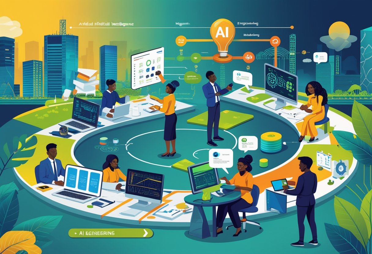 A group of Nigerian professionals and students following a visual career path in artificial intelligence, with scenes of learning, coding, and collaboration set against Nigerian landmarks.