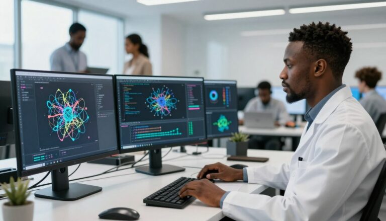 AI Researcher working on machine learning algorithms in modern research laboratory