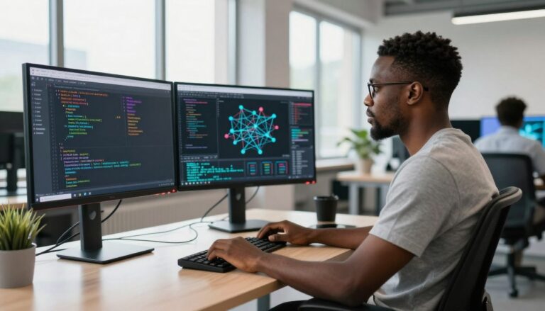 AI engineer working on machine learning models in a Nigerian tech workspace