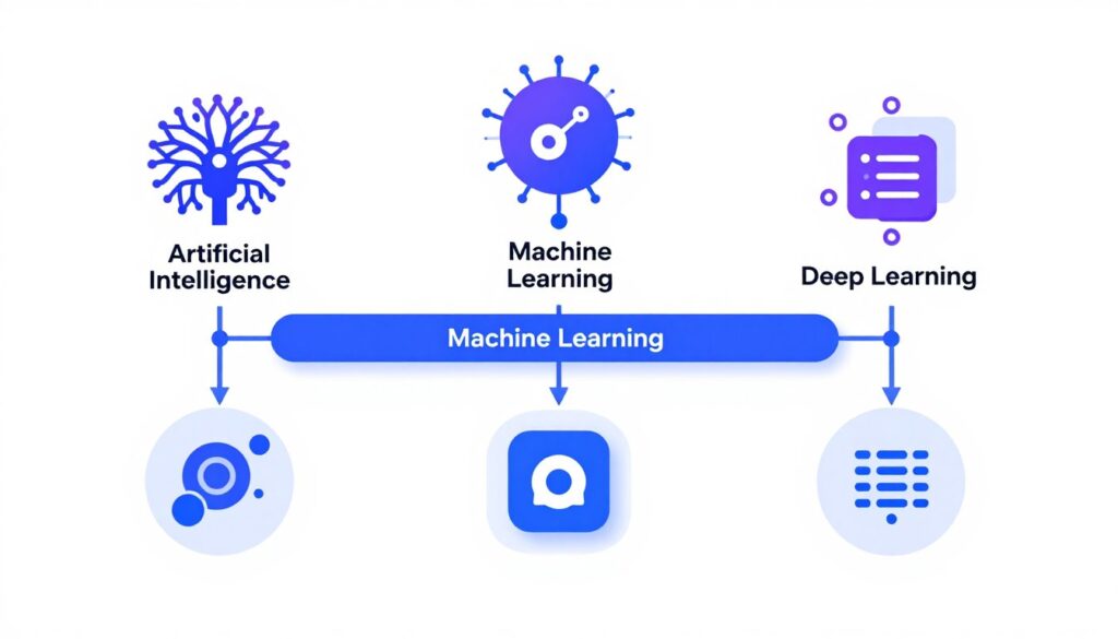 Diagram showing the relationship between AI research, machine learning, and deep learning