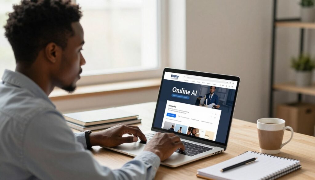 Nigerian professional taking online AI course on laptop in home study environment
