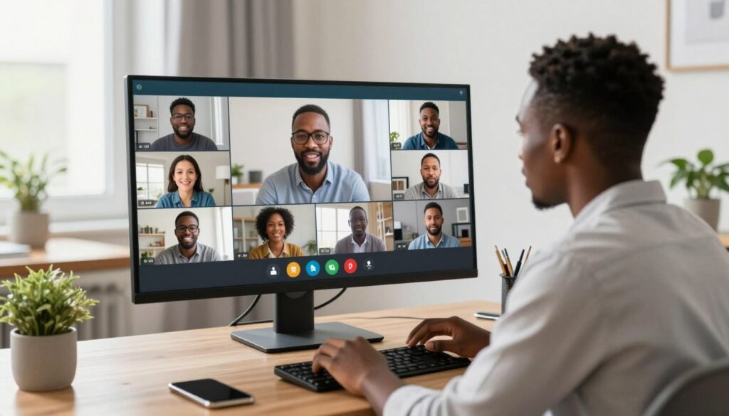 Nigerian professional working remotely with international team via video conference