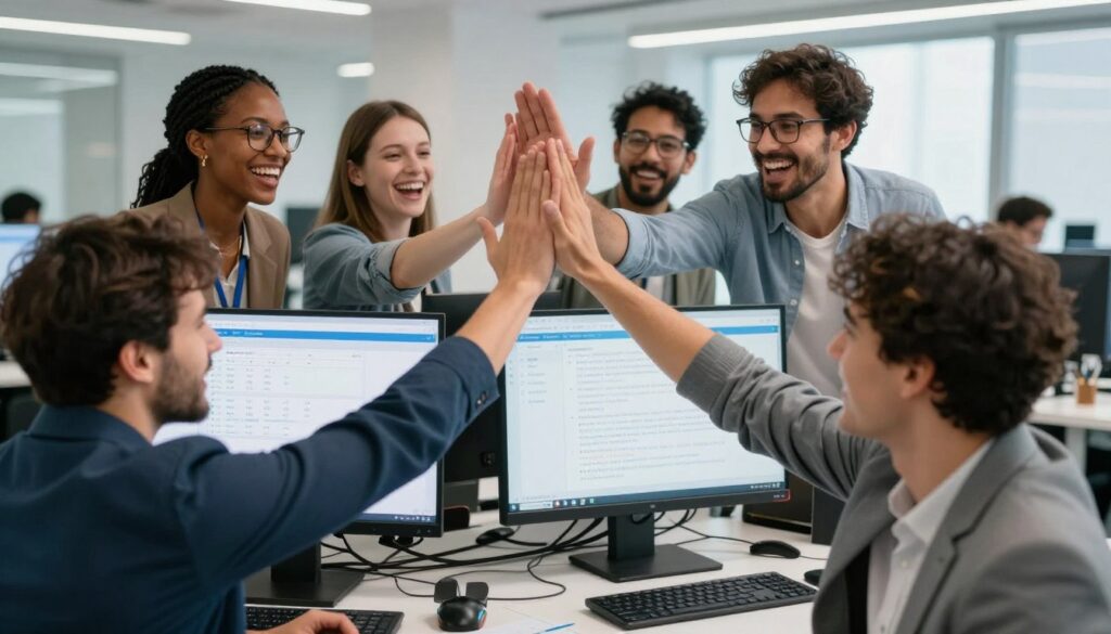Researcher celebrating breakthrough with team