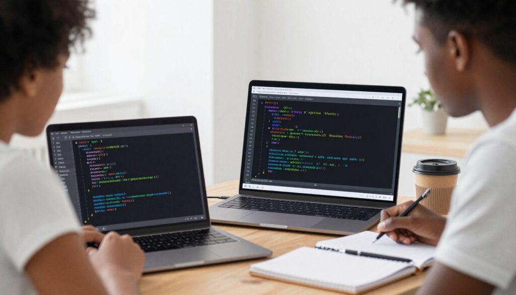 Student learning AI programming on laptop