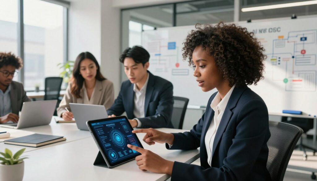 A sleek and modern workspace representing the AI NYSC Framework, featuring a diverse group of young professionals in business attire engaged in a collaborative discussion. In the foreground, a young Black woman points at a digital tablet with AI algorithms displayed, her expression focused and enthusiastic. In the middle ground, a young Asian man analyzes data on his laptop, while a young Hispanic woman takes notes beside him, all surrounded by whiteboards filled with diagrams and flowcharts. The background reveals a bright, open-plan office with large windows letting in natural light, casting soft shadows. The mood is energetic and innovative, embodying the essence of growth in the AI field, with a hint of technological advancement. The image is taken from a slightly elevated angle, emphasizing teamwork and engagement.