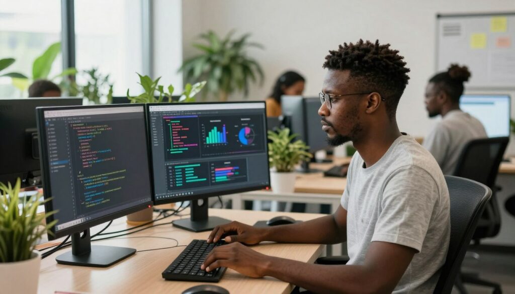 Nigerian AI engineer working on machine learning project in tech company
