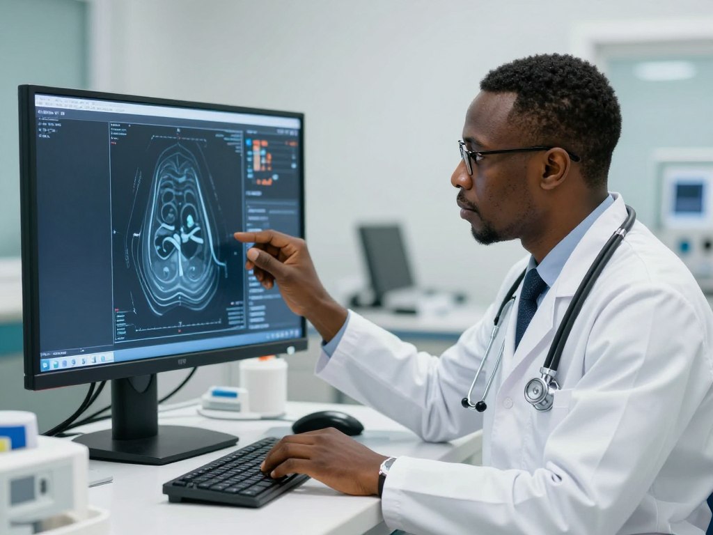 Nigerian doctor using AI diagnostic tools to analyze patient medical images